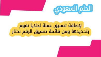 لإضافة تنسيق عملة لخلايا نقوم بتحديدها ومن قائمة تنسيق الرقم نختار